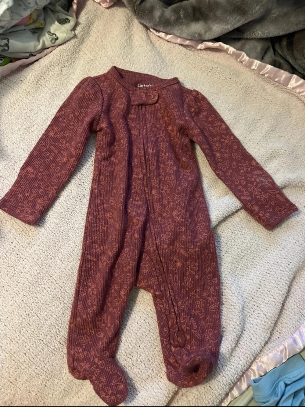Carter's Maroon Floral Long-Sleeve Footed One-Piece